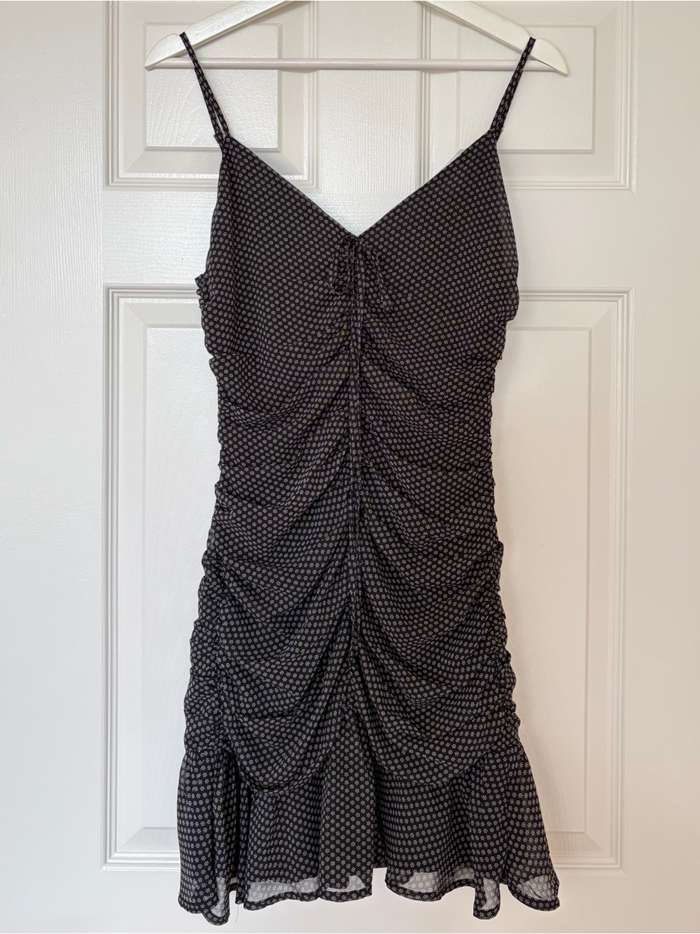 Storia Black Polka Dot Mesh Ruched Mini Dress